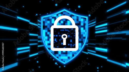 Glowing blue shield with padlock icon and digital pixel pattern, abstract cybersecurity and data protection concept with streaming lines and particles on dark background