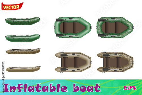 inflatable rubber boat for fishing and tourism set icons vector illustration