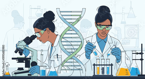 Women in science conducting research in a lab with DNA