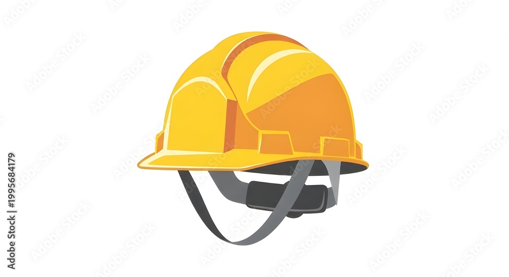 Fototapeta premium Industrial yellow safety helmet with chin strap isolated on white background. Essential protective headgear for construction workers and engineers.