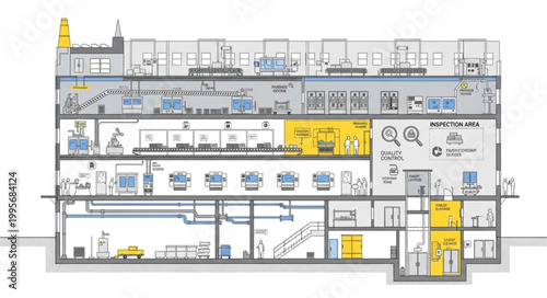 Architectural cross section drawing of a modern building interior.