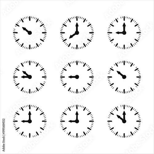Nine clock faces show different times with black hands indicating hours and minutes