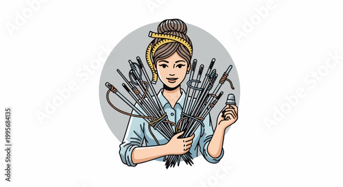 Woman with knitting needles, sewing tools, and measuring tape