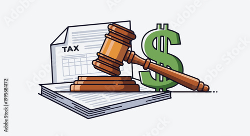 Wooden gavel on tax document next to green dollar sign