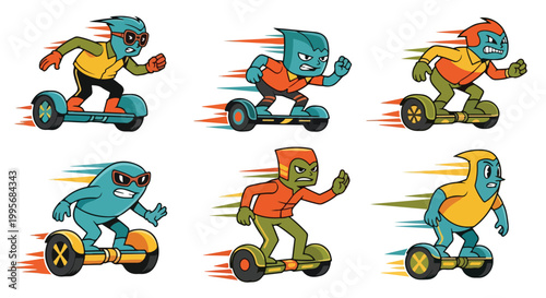 Cartoon characters hoverboard riding illustration set