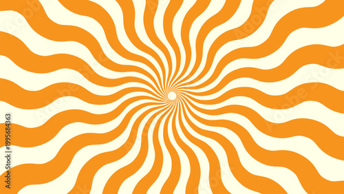 Vibrant orange and cream radial sunburst pattern with swirling, psychedelic waves creating an energetic and retro background