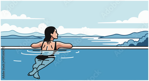 Woman in swimsuit in pool, looking at distant mountains and water under cloudy sky