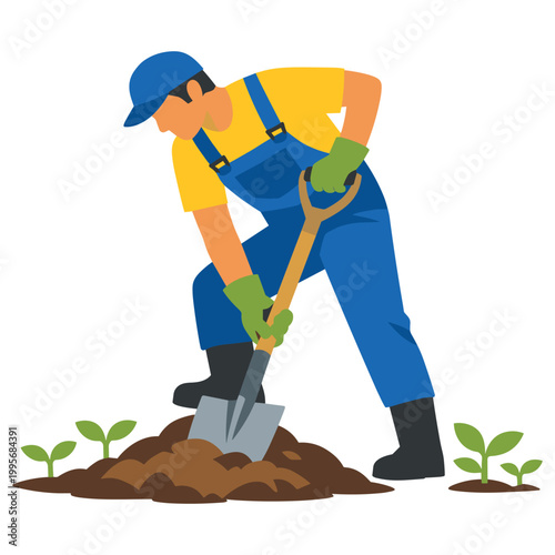 Gardener worker digging soil with shovel tool in flat illustration style.