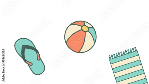 Modern Retro Summer Holiday Set. Vibrant muted tones featuring beach balls and summer sun icons.

