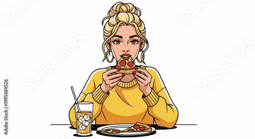 Woman in yellow sweater enjoys a slice of pepperoni pizza with iced drink