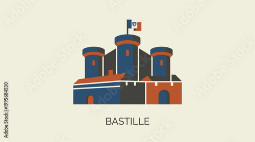 A minimalist flat design illustration of the historic Bastille fortress, depicted with simple geometric shapes in a clean 2D vector style. 