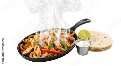 Sizzling chicken fajitas with vegetables served with tortillas on a transparent background