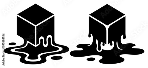 Melting geometric cube into puddle black and white engraving style