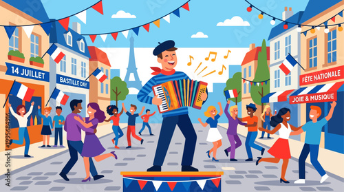A lively flat design illustration of a Bastille Day street party, featuring a stylized accordion player and dancing figures in a joyful, festive setting. 