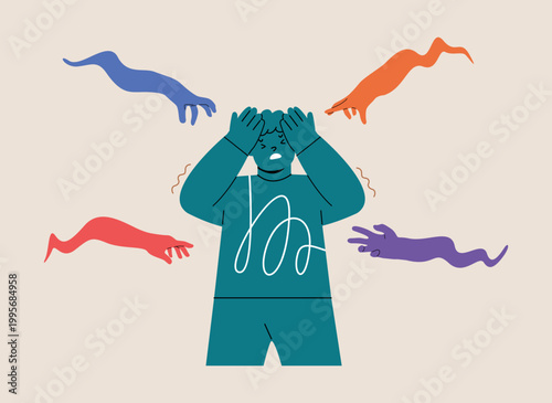Boy feels sadness. Anxiety, depression or panic attack, afraid or negative feeling. Colorful vector illustration