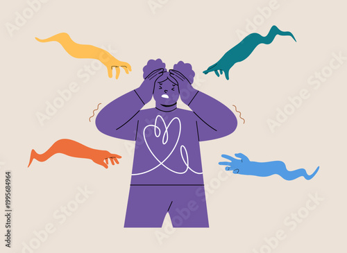 Girl feels sadness. Anxiety, depression or panic attack, afraid or negative feeling. Colorful vector illustration