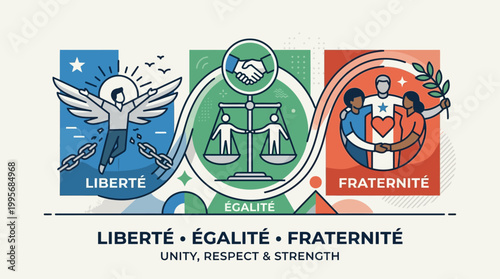 An abstract flat design illustration representing the core French values of Liberté, Égalité, and Fraternité through interconnected, stylized icons. This 2D vector artwork offers a modern, minimalist 