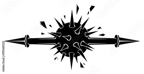 Spiky mace sphere with horizontal spears shattering black and white engraving style