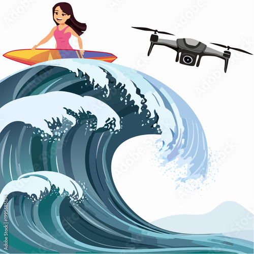 Woman surfing huge ocean wave being filmed by drone illustration
