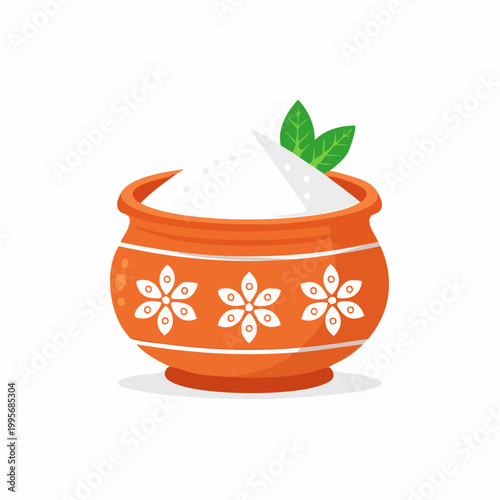 Clay Pot Filled with White Powder and Green Leaves
