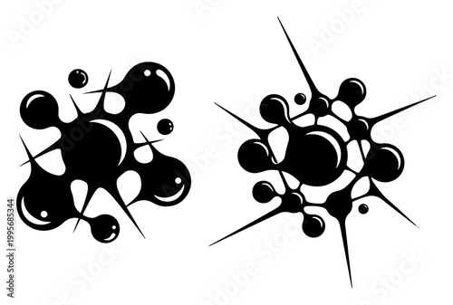 Abstract molecule structures and chemical bonds in black and white engraving style