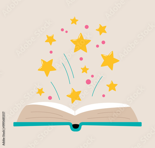 Open book with stars flying out from its pages. Colorful vector illustration
