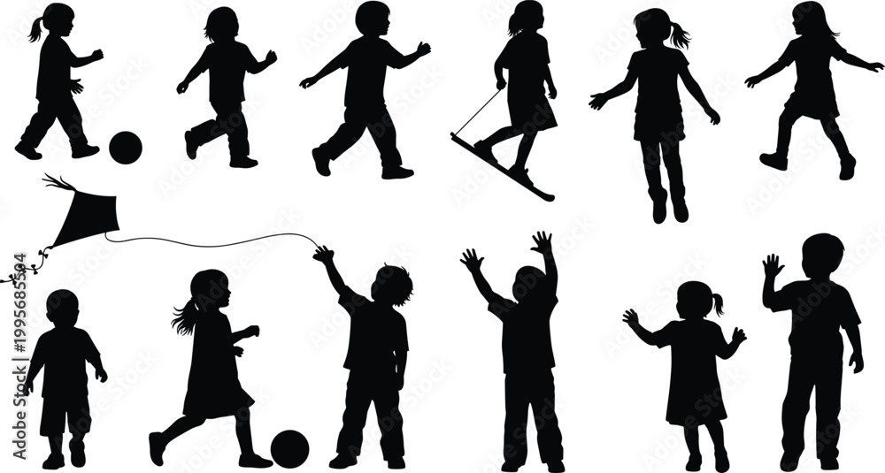 Fototapeta premium Children silhouettes playing, jumping and flying kite isolated on white background representing joyful childhood, outdoor fun, movement and playful lifestyle activities