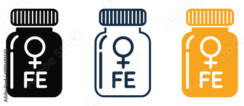 Female iron supplement icon set vector illustration, minimalist healthcare and nutrition graphics for women’s health, iron deficiency treatment concept, clean medical UI icons for vitamins, pharmacy, 