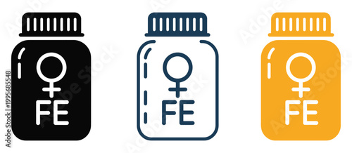 Female iron supplement icon set vector illustration, healthcare nutrition symbols design for women wellness, anemia support concept, modern medical infographic elements for vitamins and dietary supple