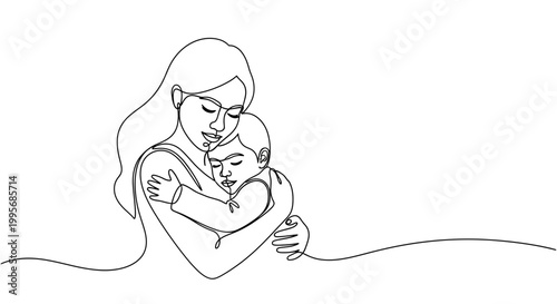 Continuous line drawing of a mother hugging a child flat illustration