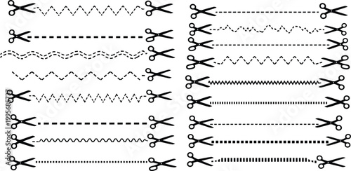 Scissors cutting lines vector set featuring various dashed zigzag and wave patterns for creative craft design projects