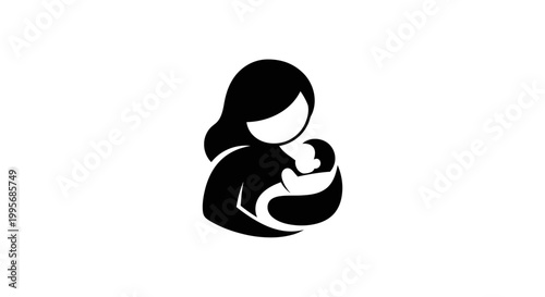 Mother nursing her baby in a black and white silhouette flat illustration