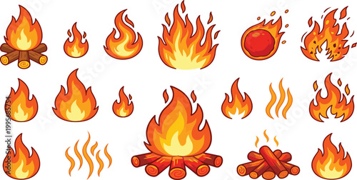 Cartoon fire and bonfire collection with flaming logs campfire sparks and burning heat elements for camping and outdoor adventure design