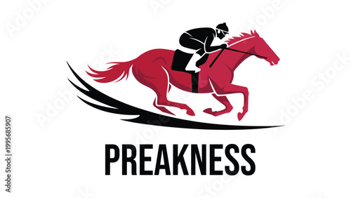 Horse Racing Jockey on Galloping Red Horse Silhouette for Preakness Stakes; Professional Equestrian Sport Vector Illustration Isolated on White for Derby Events