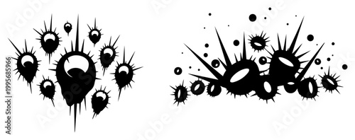 Spiky monster eyes and creepy creature characters in black and white ink style