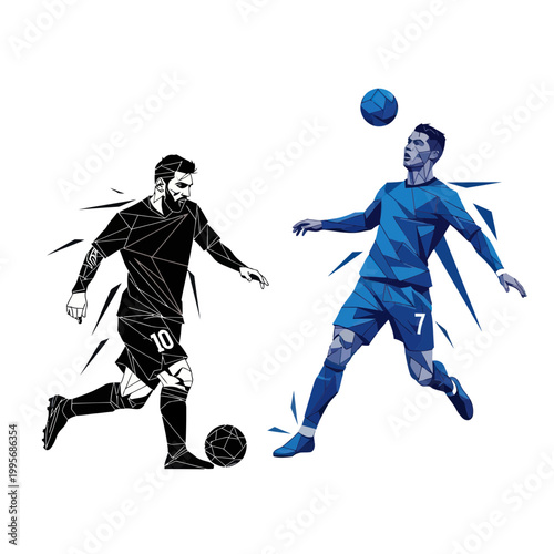 Photos Football stars duel, low poly art, Messi vs Ronaldo, dynamic action illustration