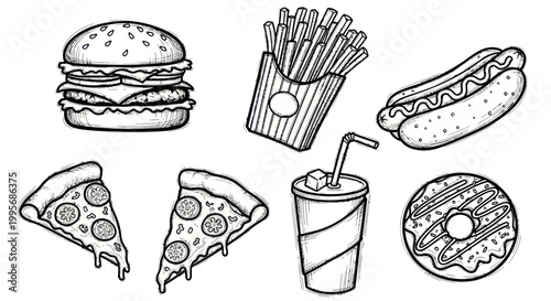 Hand-Drawn Fast Food Collection: Burger, Fries, Hot Dog, Pizza, Donut, Drink