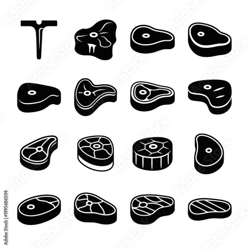 Raw Meat Cuts Icons Set - Beef Steak, Pork Chops, Lamb, Butcher Shop Vector