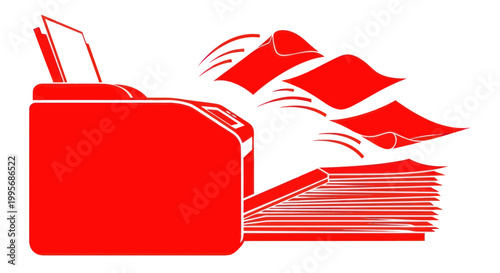 Red Printer Machine Printing Documents Flying Paper Stacked Pages Isolated White Background
