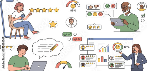 Customer feedback and user experience set with people rating service online writing reviews and analyzing data on dashboard for business marketing