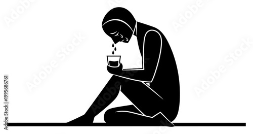 Person sitting and crying into a cup representing sadness and grief in silhouette style