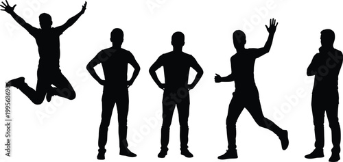 Collection of male silhouettes in different poses including jumping standing and waving isolated on white background representing action, emotion and lifestyle