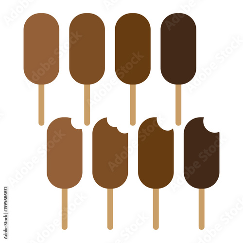 A flavorful Vector collection of chocolate covered ice cream bars on sticks, showcasing both whole and partially eaten dessert treats.