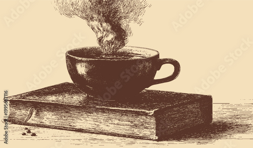 A vector illustration showing a ceramic coffee cup with steam rising from it, placed on top of a closed, thick book. 