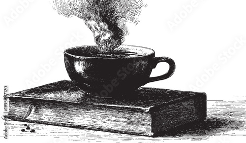 A vector illustration showing a ceramic coffee cup with steam rising from it, placed on top of a closed, thick book. 