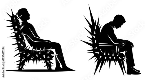 Man sitting on a spiked chair of thorns representing pain and suffering silhouette vector style