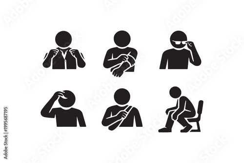 Cuadro en lienzo Black silhouette icons showing various human actions conditions and discomfort