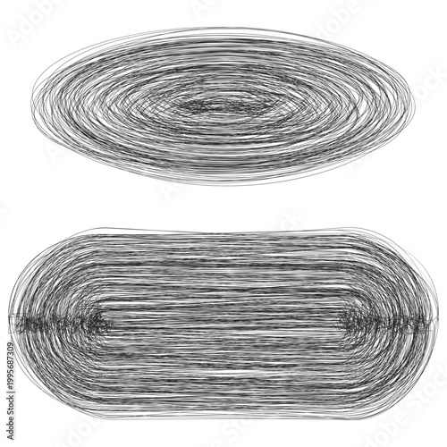 A Vector collection of abstract shapes formed by numerous overlapping black lines, creating a textured scribble art effect on a white background.