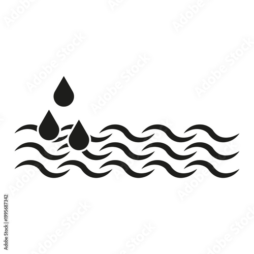 A simple minimalist Vector icon representing water drops falling onto a wavy liquid surface, symbolizing moisture or waterproof properties.