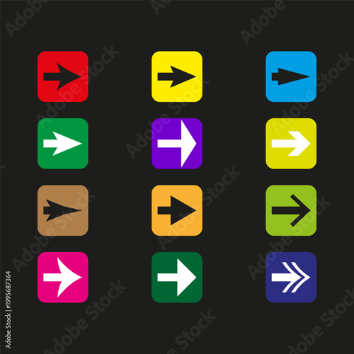 A vibrant Vector set of diverse right pointing arrow icons, each within a colorful rounded square button, for modern interface navigation.